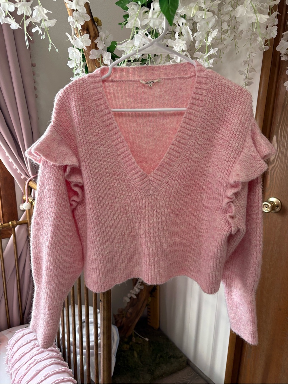 Tularosa Bubblegum Pink V-Neck Ruffle Sleeve Sweater